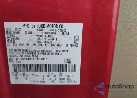 2008 Ford F-150 60Th Anniversary/Fx4/King Ranch/Lariat/Xlt from USA, damaged, VIN 1FTPW14V18FA02910